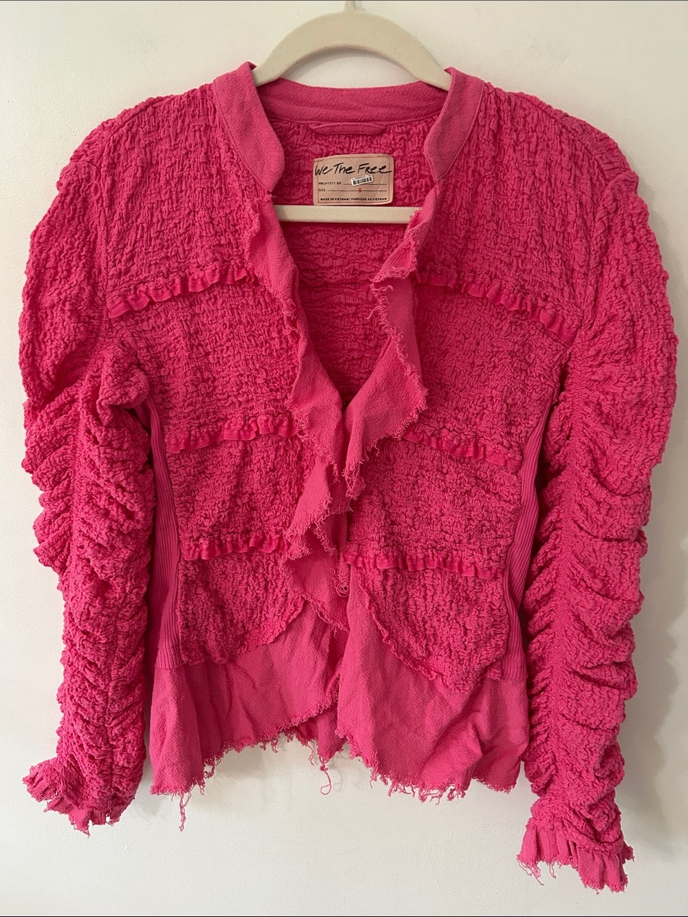 We The Free Demi Jacket Women's SM Hot Pink Ruffle-Trim Raw Hem Relaxed Blazer
